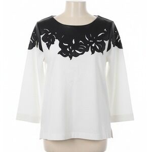 Chico's 1 White Black Faux Leather Neckline Floral 3/4 Sleeve‎ Boat Neck Top M